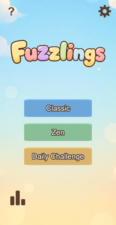 Fuzzlings main menu — Classic, Zen and Daily Challenge modes