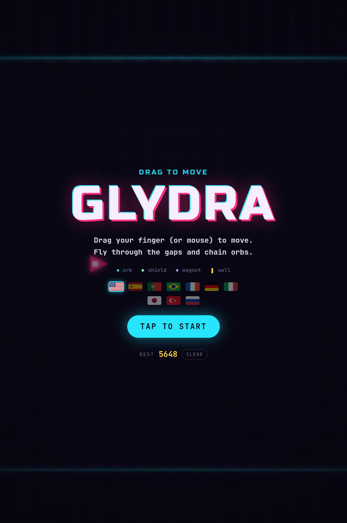 Glydra start screen — tap to start